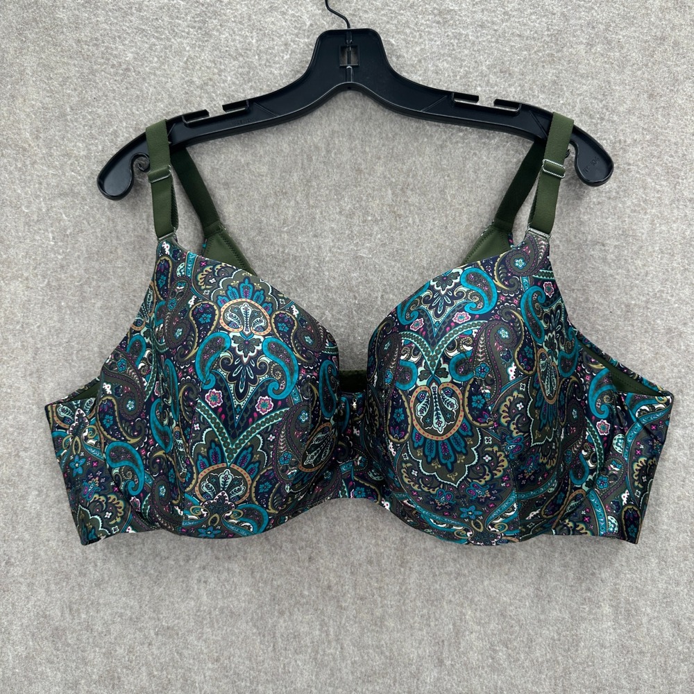 Cacique Balconette Bra Womens 44DDD Green Paisley Floral Lightly Lined Underwire